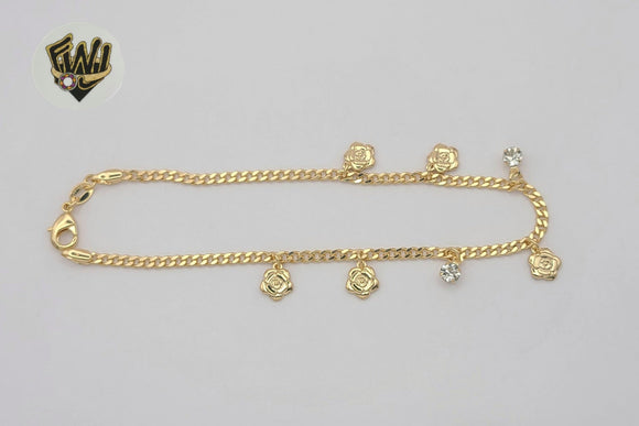 (1-0214) Gold Laminate - 3mm Curb Link With Charms Anklet - 10