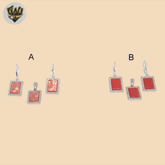 (2-6388) 925 Sterling Silver - Square Coral Sets.