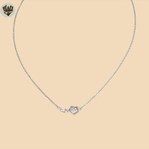 (2-66015) 925 Sterling Silver - 1mm Link Zircon Heartbeat Necklace.