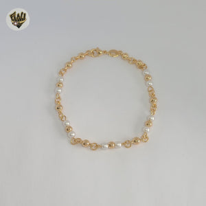 (1-0788) Gold Laminate - 4mm Pearls Link Bracelet - 7.5" - BGF