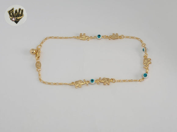 (1-0099) Gold Laminate - 2mm Evil Eye and Elephants Anklet - 10