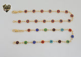 (1-0142-1) Gold Laminate - 7mm Multicolor Evil Eye Anklet - 10" - BGF